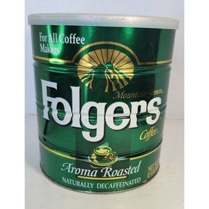 Vintage Folgers EMPTY Green Decaf Mountain Grown Coffee Tin 39 OZ with Lid